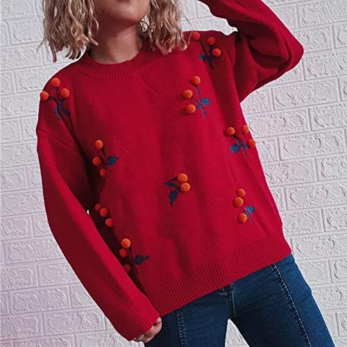 Muduh suéteres para mulheres no pescoço redondo de inverno Manga longa Padrão de cereja de cereja diariamente suéter casual
