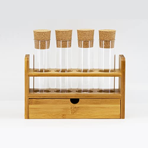Os tubos de teste de vidro do Spice Lab com rolhas de cortiça - 4 pacote com rack de madeira - design versátil e traslado confiável - tubos de teste de vidro para experimentos científicos, decorações e artesanato