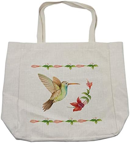 Saco de compras de Ambesonne Hummingbird, beija-flor voando sobre um efeito de aquarela de haste Fuchsia Flow