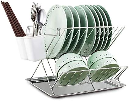 PDGJG Rack de secagem de pratos, 2 Nível 304 Rack de prato de aço inoxidável com suporte de utensílio, escorrinto de