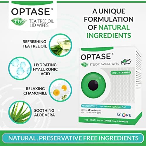 Optase Tea Tree Tree Oil Wipes - Limpos de limpeza de pálpebras para olhos secos - lenços de árvore de chá para tratamento