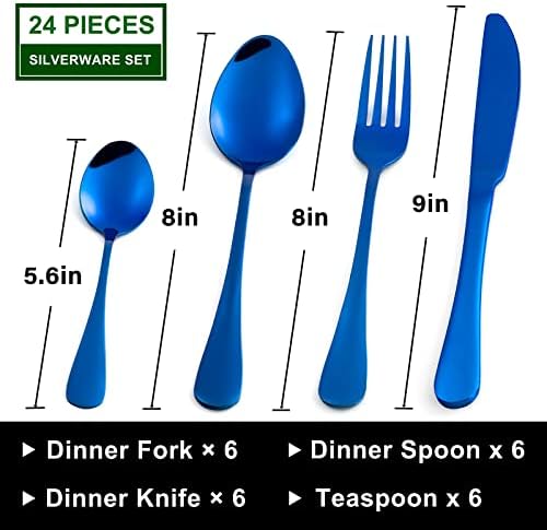 Conjunto de talheres azuis, 24 peças conjuntos de talheres de aço inoxidável para 6 - Espelho de utensílios de talheres
