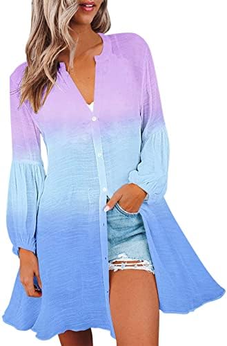 Cardigans Flowy Flowy Hawaii, manga de lanterna Visque o pescoço V Long Button Down Henley Shirt Boho Floral Beach Coverning Up