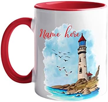 Personalizado Escolha Nome Lighthouse Caneca de café Branco, Farol e Seagull Lover Coffee Cup Presente para homens