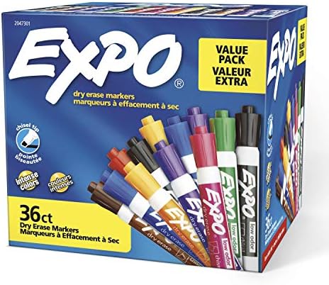 Marcadores de apagamento a seco de Baixo odor Expo, ponta do cinzel, cores variadas, 36 pacote e marcadores de apagamento