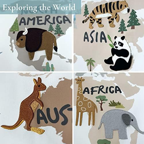 Bon et beau 32 x 24 polegadas bordadas no mapa mundial Poster para crianças com cabide de madeira - decoração de parede neutra para garotas e berçários, quarto e sala de jogos