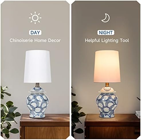 Lâmpada azul e branca de 17 de 17 para quarto, lâmpada de mesa de cerâmica chinoerie para sala de estar, lâmpada azul pequena para mesa de cabeceira, lâmpada de porcelana azul e branca para decoração