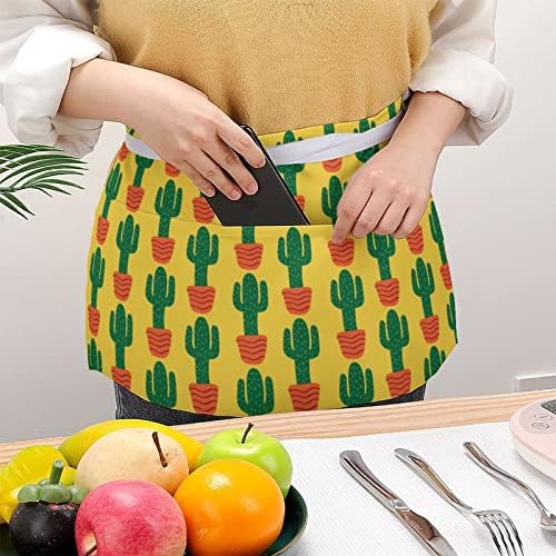 Avental da cintura do cacto com 3 bolsos fofos meio avental de avental abrevino para restaurante de cozinha em casa