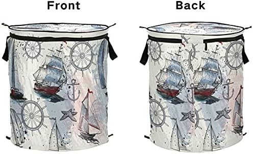 Cesto de lavanderia pop up náutica com tampa de cesta de armazenamento dobrável bolsa de lavanderia dobrável para camping berçário