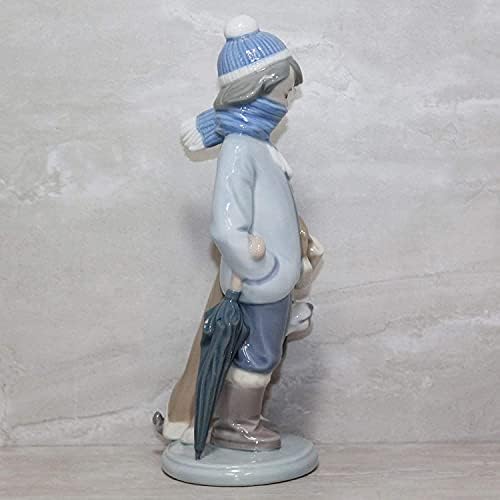 Lladro Winter Boy com figura de porcelana colecionável de cachorro