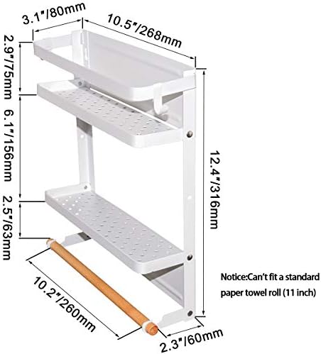 Grideira magnética Organizador de refrigerador de rack de rack de rack de rack de camada dupla de cozinha dobrável prateleira lateral magnética para especiarias de armazenamento molho de óleo de molho de salão de pimenta com gancho de madeira e parafuso branco