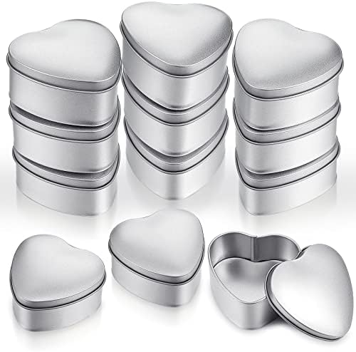 12 peças latas de coração com tampas de 4 oz latas de metal de prata em forma de coração vazio para o dia dos namorados