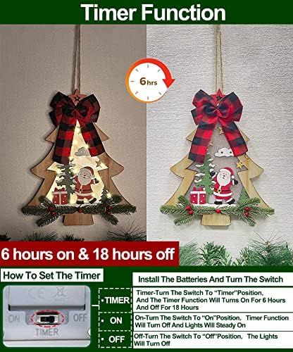 [Iluminado e temporizador] Árvore de natal Wreath Door Sinal Luzes de decoração Bateria Operado a madeira de 16 polegadas