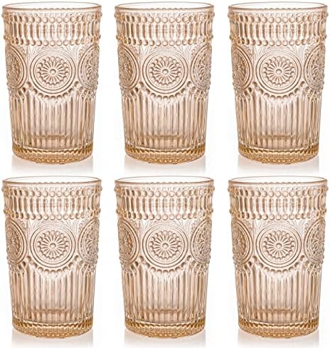 Kingrol 6 pacote 12 onças de bebida com copos de bebida, utensílios de copos premium para água, suco, bebidas, coquetel - design de relevo romântico - para festa de casamento, uso diário