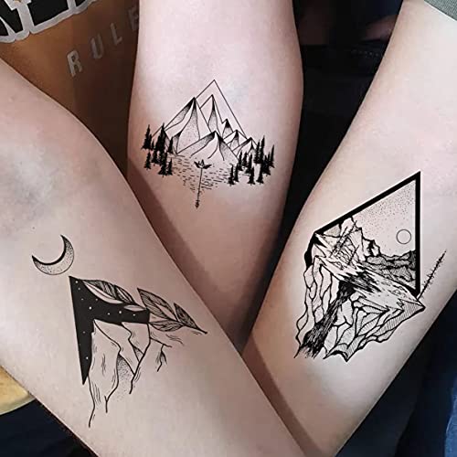 Goromon 52 folhas pequenas tatuagens temporárias de montanha negra para homens mulheres adultas, tecela marinha geométrica da floresta pinheiro adesivo de tatuagem realista para crianças crianças, lua com triangle triangular triangé