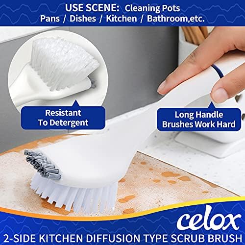 Celox 5 pacote escova de lavagem de cozinha conjunto com alça ergonômica e pincel compacto de 2 conjuntos com base de