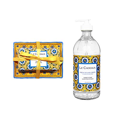 Lavagem de mão de luxo Le Cadeaux em garrafa de vidro decorativo com sabão de barra e conjunto de pratos, limão siciliano fresco
