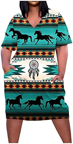 Vestido ocidental de tamanho grande para mulheres vestido étnico de impressão asteca Boho Sun Dress Slova curta Moda Tunic Top Dress