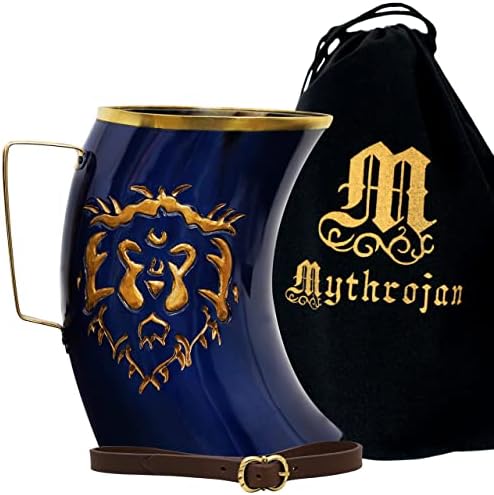 Mythrojan Para a caneca da aliança Horn: Mead Ale Horn Tankard para o cavaleiro medieval Renaissance Larp Cosplay Blue, 1200ml