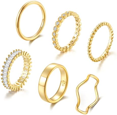 OPFIV 6PCS 14K Batilhamento de ouro de 14k Anéis de empilhamento para mulheres adolescentes de zirconia cubic onda empilhável anel