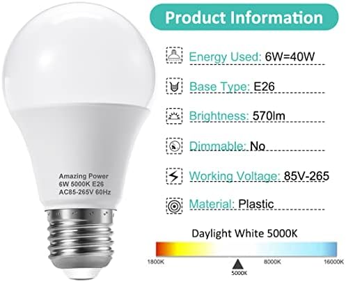 Bulbo LED de potência E26 incrível, lâmpada de base média equivalente de 40w, lâmpadas não minúmidas e de luz do dia 5000k, 6W