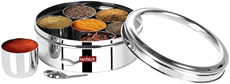 Natulix 7 em 1 caixa de especiarias aço inoxidável | Masala dabba | Caixa de masala para aço de cozinha | Aço masala