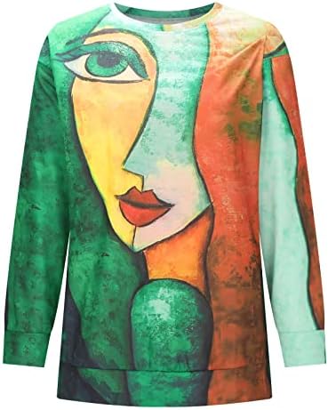 Tops de manga longa para mulheres vintage abstrato face estam pulôver camisetas colorido bloco colorido de retalhos de túnica camisetas