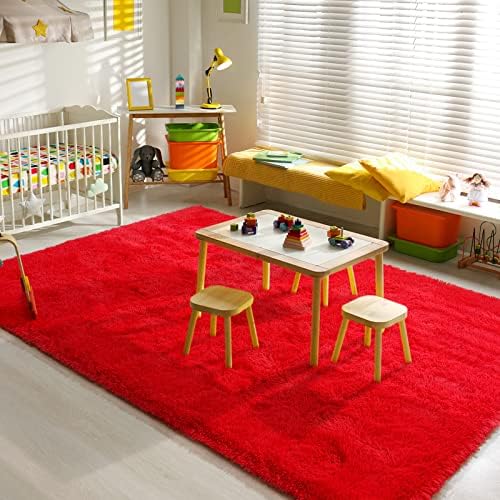 Tapetes vermelhos benron para sala de estar - tapete desgrenhado de 5 'x 8' tapetes vermelhos macios para crianças garotas garotos berçário