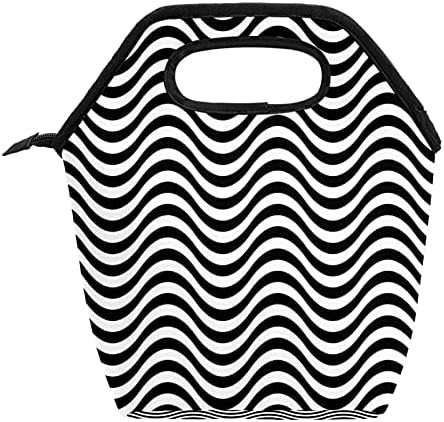 Lancheira isolada, padrão de onda Black Black Stripe reutilizável mais frio kit de refeição térmica resistente à água com zíper suave, lancheira à prova de vazamentos para crianças/adultos