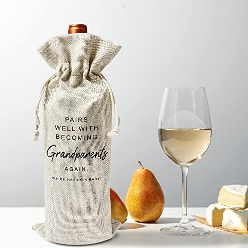 Anúncio de bebê sacos de presente de vinho - presente para avós, nova avó, vovô - estopa reutilizável com sacola de presente