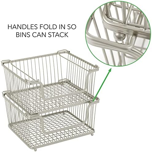Mdesign Wire Basket - cesta organizadora multiuso com alças ajustáveis ​​- solução de armazenamento de banheiro e cozinha empilhável - conjunto de 3 - prata fosca