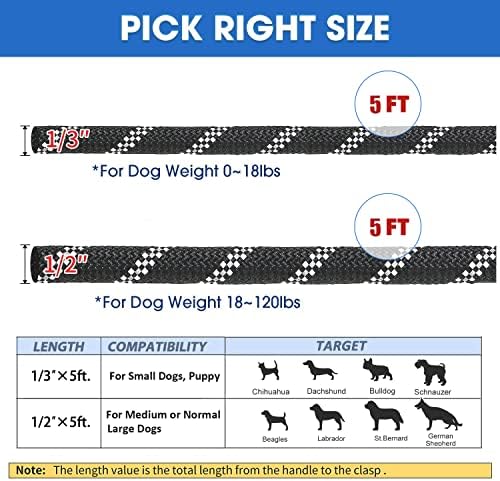 Magic Diary Dog Leases 5 pés corda de nylon para serviço pesado - confortável alça acolchoada reflexiva coleira para cães grandes médios com saco de cocô e dispensador, preto, 1/2 x 5 pés