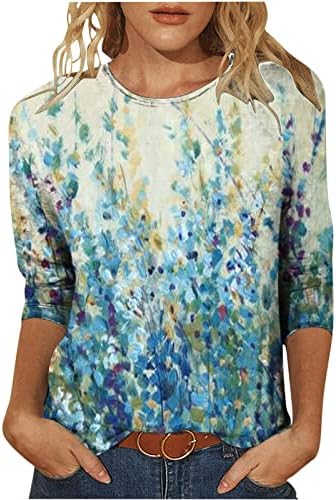 Tops de pescoço de barco azul claro para adolescente menina de verão outono 3/4 manga aquarela videira de brunch gráfico floral