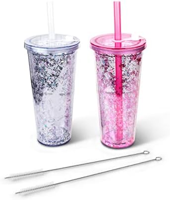 2 pacote de prata e copo de glitter rosa com palha de palha de 24 oz de parede dupla xícara de glitter de parede dupla, à prova de vazamento, copo de café gelado com glitter móvel, parafuso na tampa com rolhas de silicone Boba Tumbler Cup