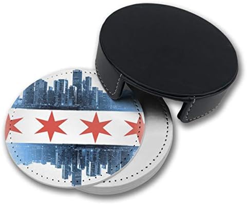 Coasters de couro Ekuiop com conjunto de titulares de 6, montanhas -russas de skyline da bandeira de Chicago para