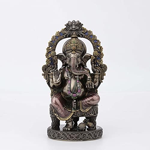 Projeto Veronese 10 1/4 polegada de altura Lorde Ganesha sentado no trono com o templo arco hindu elefante deus fortuna fria elenco de resina bronzeada estátua decoração de casa religiosa colecionáveis ​​espirituais