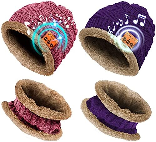 Bluetooth Beanie Wireless Hat com cachecol - chapéu de fone de ouvido com bluetooth 5.0 - gorro sem fio Bluetooth chapéu para homens homens adolescentes - lã de malha quente chapéu de música - rosa e roxo