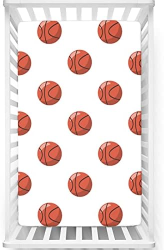 Folha de berço com tema de basquete, lençol padrão de colchão de berço, folha de berço macia e elástica para meninos ou garotas ou berçário, 28 x 52 polegadas, canela branca preta