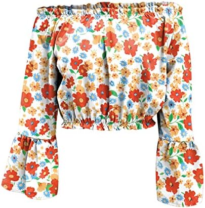 Botão de renda para baixo para mulheres Mulheres Summer Off The Shouler Crop Tops Bloups de manga de sino comprida para botão