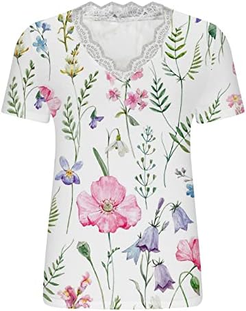 Women Lace V pescoço túnica vestida Túnica de verão Camisas de manga curta solta camisetas gráficas florais casuais sando de tamanho grande