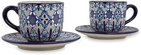 Novica Blue Ceramic Floral Cups e pires, 6 onças, Bajio azul '