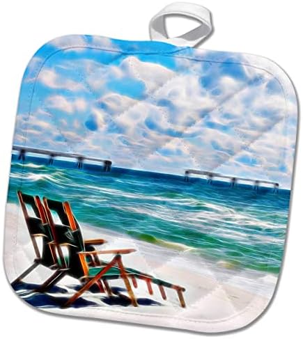 Cadeiras de praia 3drose na praia com uma imagem de píer de luz infundida. - Potholders