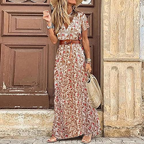 Fehlegd Vestidos de verão para mulheres 2023 Trendy boho floral embrulhado v pescoço de manga curta de cintura alta com cinto maxi vestido