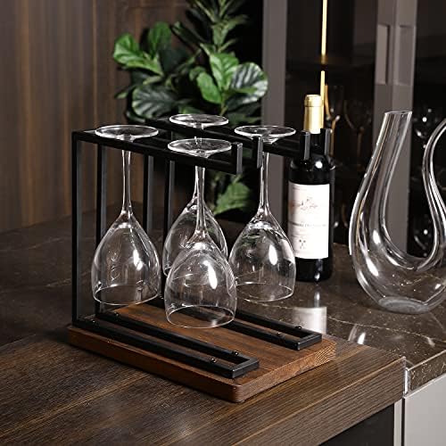Mygift Industrial Metal Wine Glass Rack Stand com 2 barras de cabide e base de madeira rústica, porta -balança suspensa por porta -voz