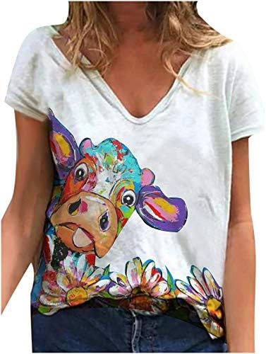 Campa de manga curta para feminino Dragonfly Print V Blusa de pescoço colorida camiseta de vaca colorida camiseta de verão camiseta solta casual