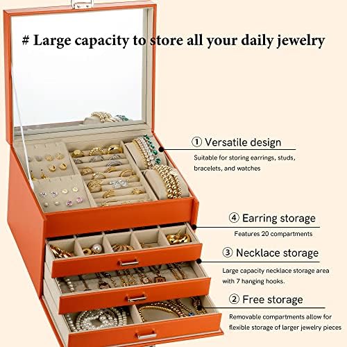 Caixa de jóias Keniy para mulheres, 4 camadas Caixa de armazenamento de jóias grandes com espelho, caixa de jóias de couro multifuncional