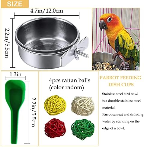 Kathson tigelas de aço inoxidável para pássaros, 4 pcs papagaio para alimentador de prato copo, gaiola de pássaro copo de