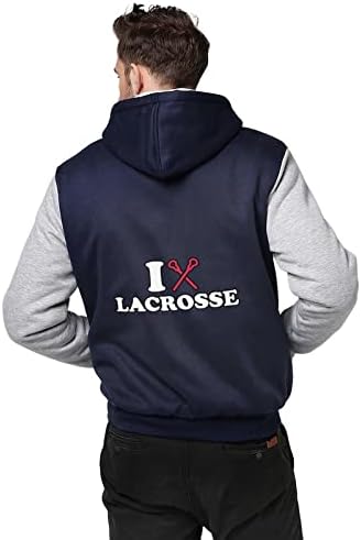 Eu amo lacrosse com pau com capuz masculino zípe de manga comprida Sweashirt Casaco de capuz grosso com bolsos