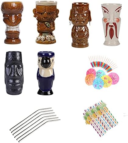 Aeiddrwaa Tiki Canecas Conjunto de coquetéis de 6 - Drina de festa havaiana de cerâmica, copos de coquetel, 6 PCs palha de aço