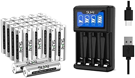 Sukai 4 Bay Battery Charger AA AAA com baterias AA recarregáveis, baterias de 1,2V Ni-MH AA e carregador de bateria com o cabo Micro USB de exibição Smart LCD, sem adaptador